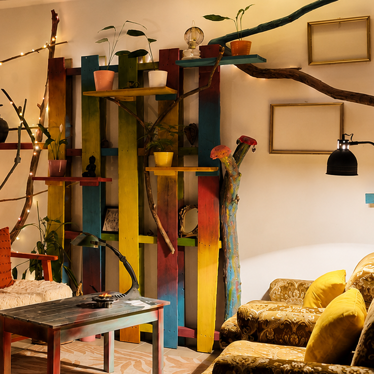 Atelier VeränderBar – Erfahrungsraum in Eichkögl Gemütlicher Sitzbereich im Atelier VeränderBar in Eichkögl mit Holz, Naturmaterialien, warmem Licht und künstlerischer Atmosphäre.